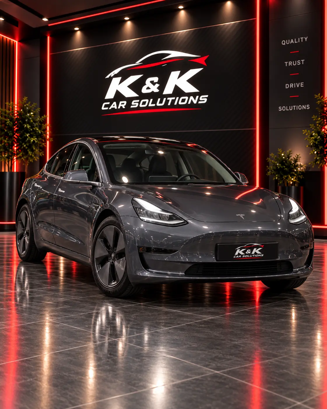 Tesla Model 3 in de showroom van K & K Car Solutions